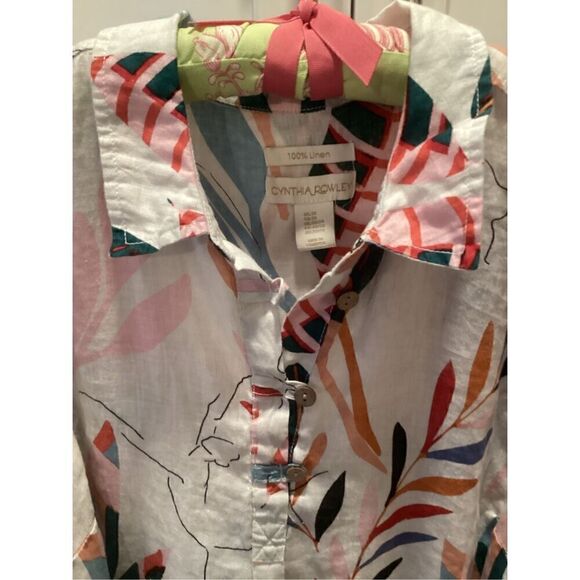 Cynthia Rowley 100% Linen Top Tunic Sz 2X Roll Tab Sleeve Tropical - Picture 2 of 10